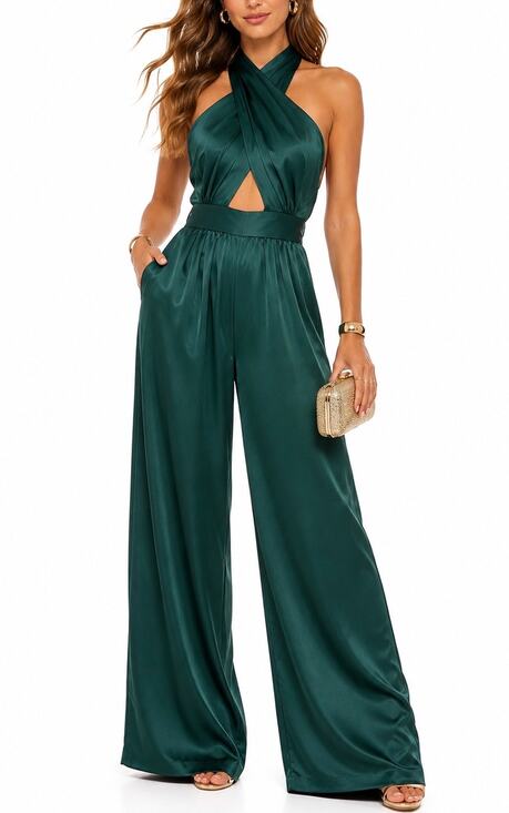 Nasty Gal Pants - NWT Nasty Gal Emerald Green Satin Crossover Halter Wide Leg Jumpsuit Size 6